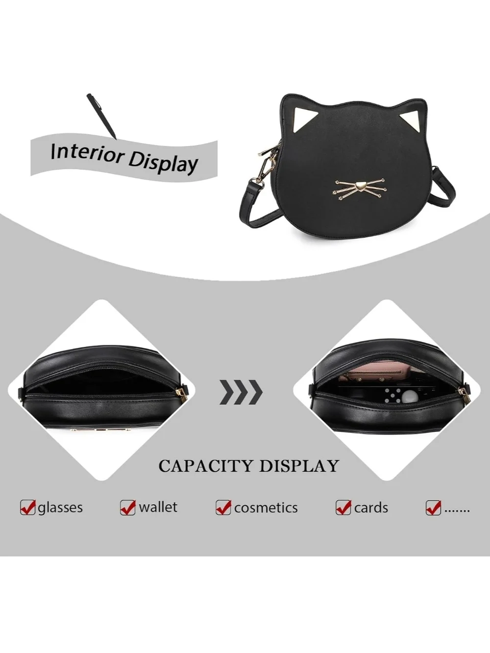 Black Cat-Shaped Crossbody Bag with Gold Accents